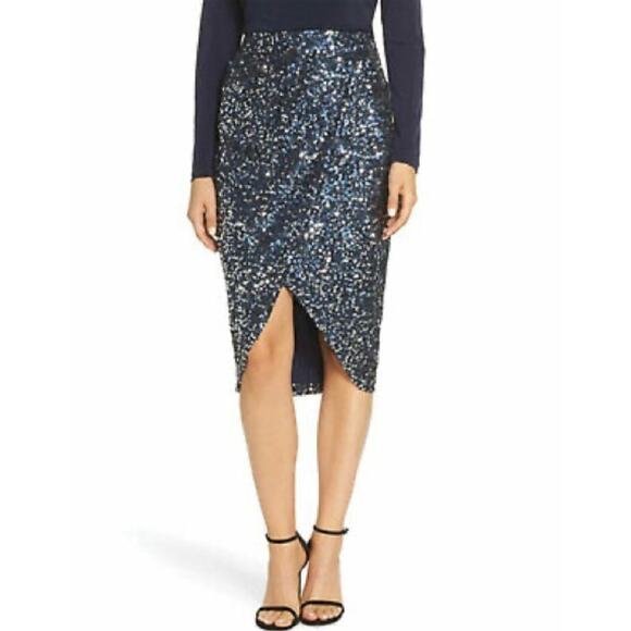 Eliza J Skirt Womens 12 Blue Sequin Pencil Tulip Front Faux Wrap Party Holiday - Picture 1 of 9